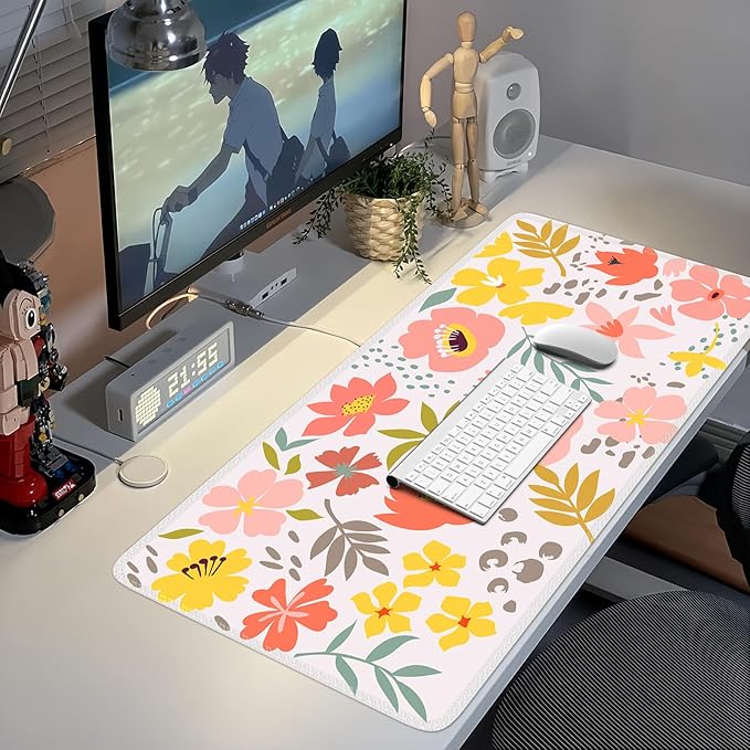 iCasso Desk Matt for Desktop, Cute Desk Pad Mat, XXL Large Mouse Pad, Anti-Slip Big Mousepad with Stitched Edges, Keyboard Pad Mouse Mat for Computer, Work, Gaming (Flowers Leaves)