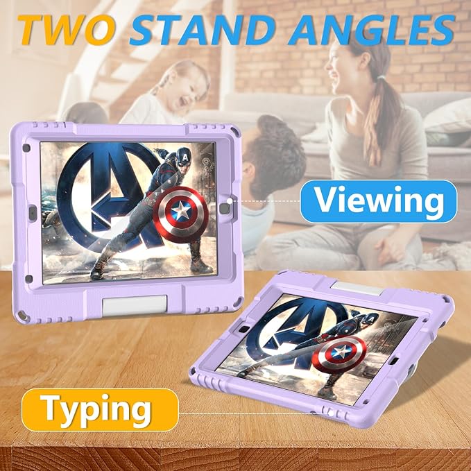 Kids Case for iPad 5th/6th Generation 9.7-inch 2017/2018 Release, Lainergie iPad Air 2 Case with Screen Protector, iPad Pro 9.7 Protective Cover Lightweight Shockproof with Handle Stand, Light Purple