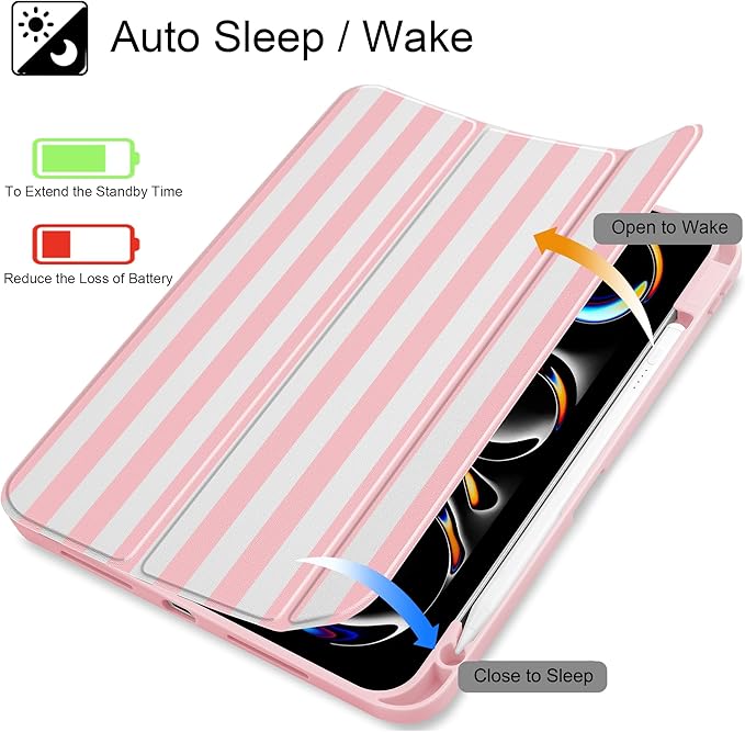 May Chen Case for iPad Pro 11-Inch M5/M4 2025/2024 (6th/5th Generation), [Penceil Holder] Trifold Stand Auto Wake/Sleep Clear TPU Protection Back Cover, Pink Stripes