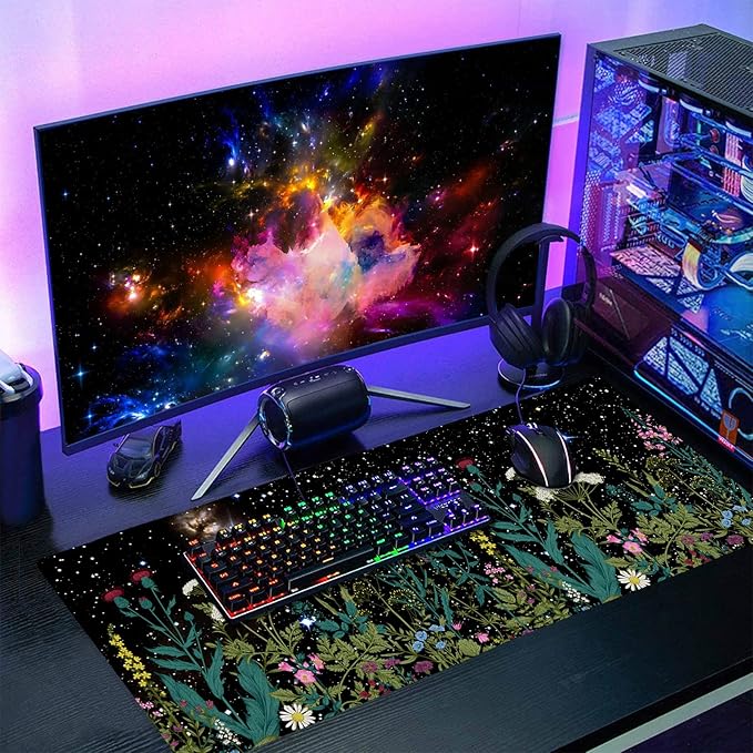 Black Aesthetic Wildflower Large Mouse Pad XXL Space Galaxy Weeds Herb Cute Floral Extended Large Desk Mat Big Desk Pad 90X40 CM Non-Slip Rubber Base Stitched Edge Long Mousepad,35.4 x 15.7 Inch