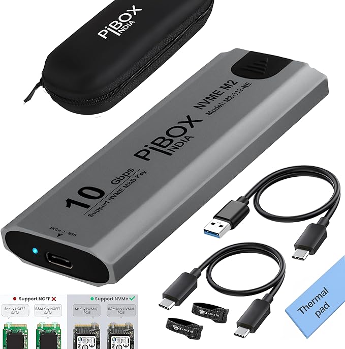 NVME M2 Enclosure, PiBOX India NVMe SSD Enclosure - USB 3.2 10Gbps, Tool-Free M.2 NVMe Case, PCI-E NVMe Reader, USB-C, Supports M & B&M Keys, 2230/2242/2260/2280 SSDs, REALTEK RTL9210 Chipset