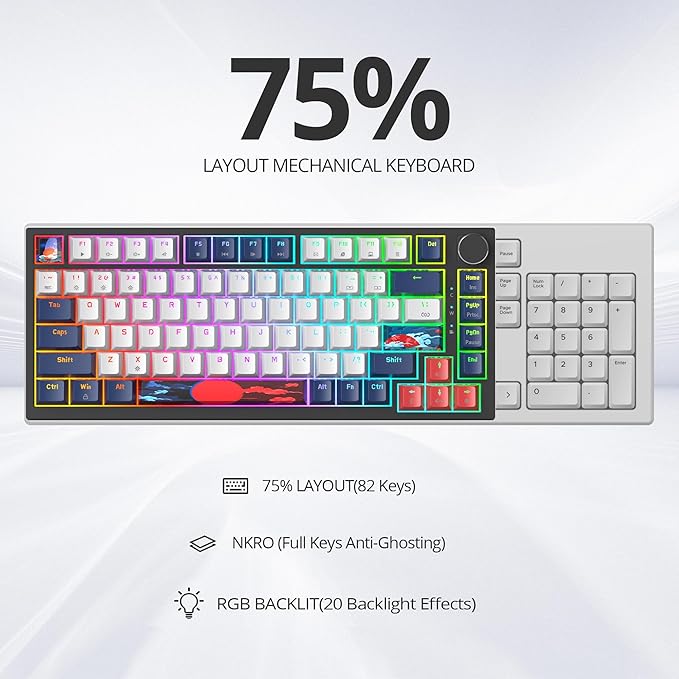 75% TKL Wired Mechanical Keyboard,RGB Backlit Gasket Mount 82 Key Hot Swappable Custom Linear Red Switch Gaming Keyboard with Volume Knob & PBT Keycaps (82 White Earth)