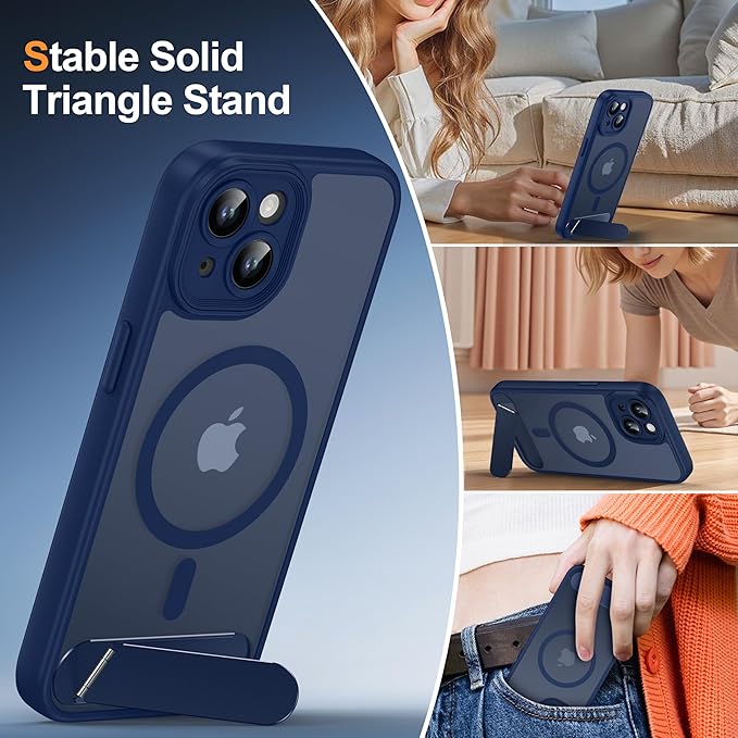 Magnetic Compatible with iPhone 15 Case, [Built-in Invisible Kickstand][Compatible with MagSafe][Full Camera Protection] Translucent Matte Phone Case for iPhone 15 6.1",Blue