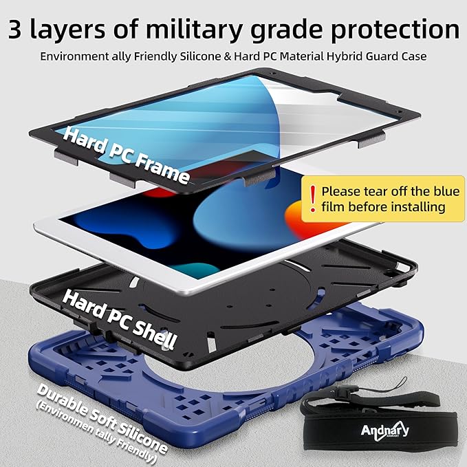 Andnary Case for iPad 9th/8th/7th Generation 10.2 inch, Shockproof Cover with Screen Protector/360° Rotating Handle/Bracket/Pen Holder/Shoulder Strap, Kids Case for iPad 2021/2020/2019 (Navy+Black)