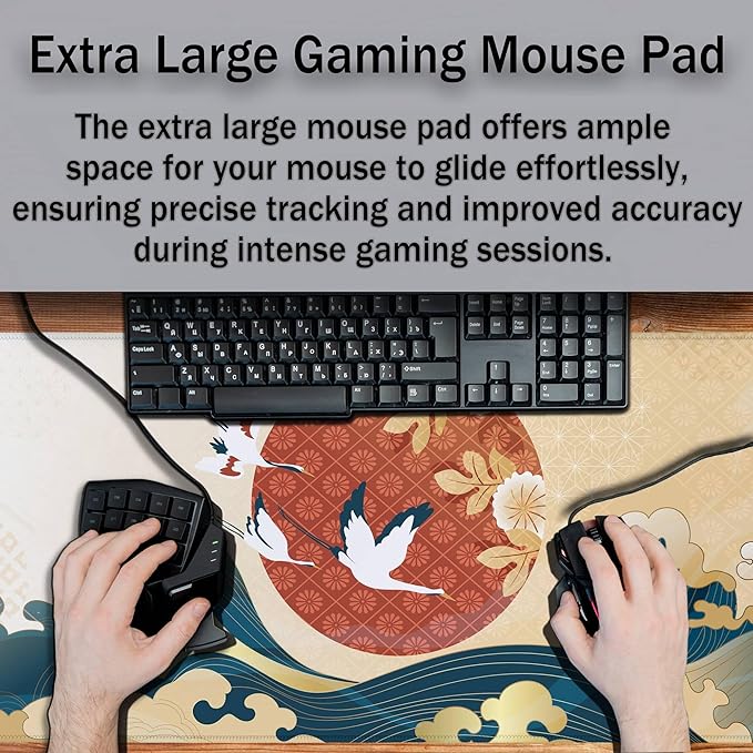 Gaming Mouse Pad Japanese Great Wave Blue Desk Pad, Big Mouse Pads Office Desk Pads, Mouse Mat Non-Slip Rubber Base Waterproof with Stitched Edges, 35.4 X 15.7 inch Oriental Pattern