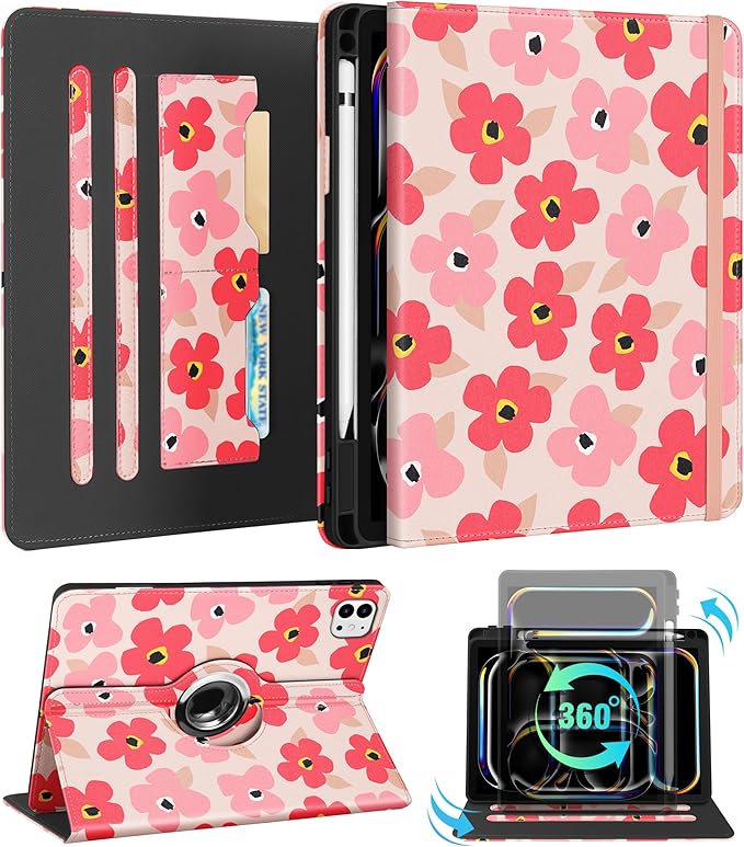 Kidcube for iPad Pro 11 Inch Case M4 2024 5th Generation - Women Girls Cute Rotating Stand Folio Cover with Pencil Holder & Card Slot Kawaii Floral Flower Design for iPad Pro 11'' Case 2024 M4 5th Gen