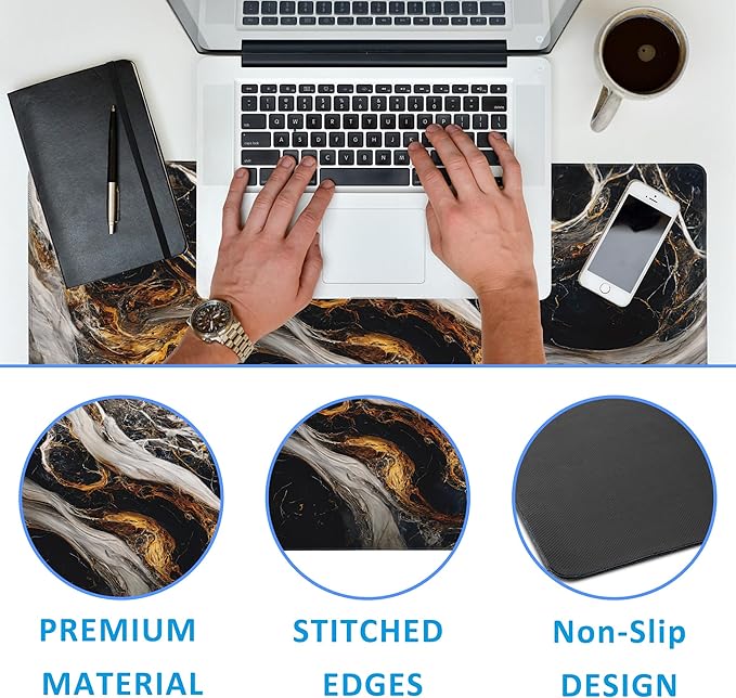 Golden Black Marble Large Gaming Mouse Pad,Waterproof Desk Mat for Desktop,Non-Slip Rubber Base Mousepad with Stitched Edges for Laptop Office and Home 35.4X15.7 Inch