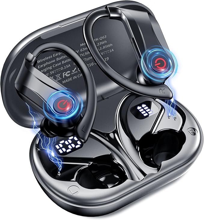 2026 Wireless Earbuds 120hrs Bluetooth 6.1 Headphones Sports Ear Hook with Mic, Noise Canceling Ear Buds with Charging Case, Easy Button Controls Dual LED Display Case Sweat and Water Resistant Black