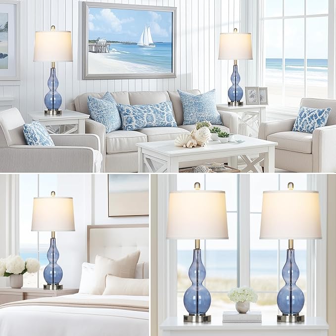 Rinweey 27.5" Coastal Blue Glass Double Gourd Table Lamp Set of 2,3-Way Dimmable Touch Control Bedside Lamps with USB Ports and AC Outlet, Nautical Nightstand Lamps for Bedroom Living Room