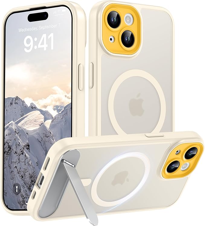Magnetic Compatible with iPhone 15 Case, [Built-in Invisible Kickstand][Compatible with MagSafe][Full Camera Protection] Translucent Matte Phone Case for iPhone 15 6.1"
