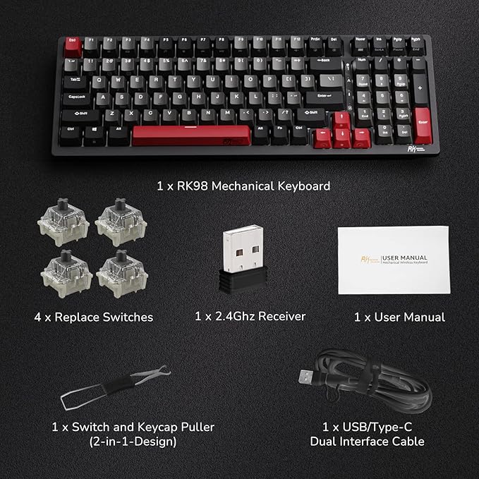 RK ROYAL KLUDGE RK98 Gaming Keyboard, Wireless Mechanical Keyboard 100 Keys Tri-Mode BT5.1/2.4G/USB-C Full Size Hot Swappable Custom Keyboard with Numpad RGB Backlit, Massive Battery, Silver Switch