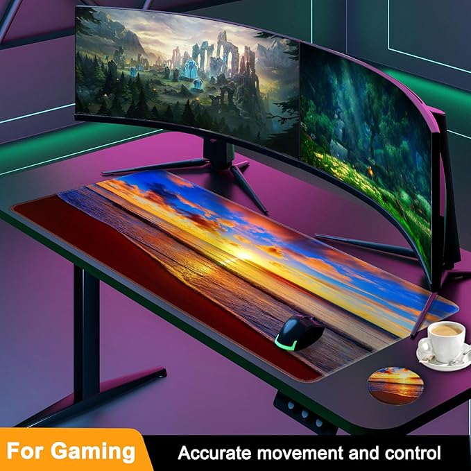 Large Gaming Mouse Pad with Coaster, Desk Matt for Desktop, Desk Pad, Mouse Pads Mat, Stitched Edges Big Extended Mousepad for Computer Keyboard Laptop Office Decor, 31.5'' x15.6''-Sunset Beach