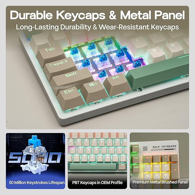 MechLands Aula S500 Wired Gaming Keyboard, 100% Full Size Mechanical Keyboard with Number Pad, 104 Keys, NKRO, RGB Backlits, Shine Through Keycaps, Ergonomic for PC E-sports (White&Green, Blue Switch)