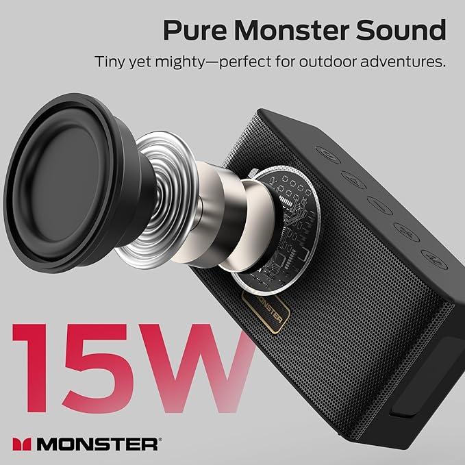 Monster Cubis Bluetooth Speaker, 15W Stereo Sound Portable Speaker, Bluetooth 6.0, 15H Battery Life, TWS Pairing, AUX/TF Card Slot, IPX7 Waterproof Wireless Speaker for Shower, Outdoor, Travel