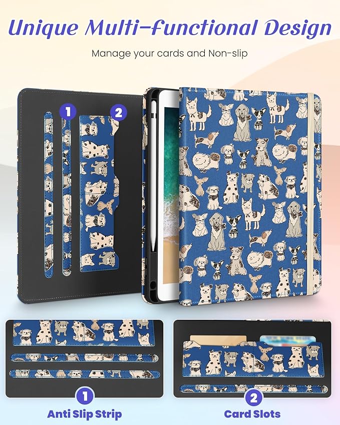 Kidcube for iPad 5th Generation Case 2017/Air 1st 2013/Pro 9.7 Inch Case 2016 - Women Girls Kids Cute Rotating Stand Folio Cover with Pencil Holder & Card Slot Kawaii Cool Dogs Unique Design Cover
