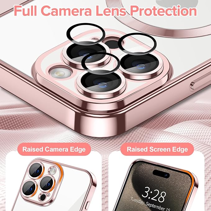 Hython Magnetic Clear for iPhone 15 Pro Max Case with Camera Lens Protector [Compatible with MagSafe] Plating Edge Slim Soft TPU Cover Protective Phone Case for iPhone 15 Pro Max 6.7", Pink