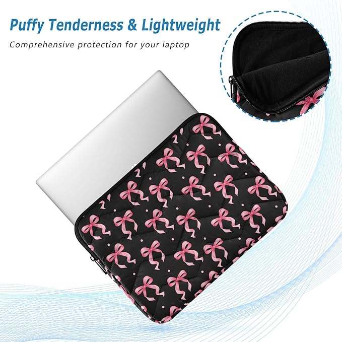 Laptop Case Sleeve, Pink Ribbon Bow Dots Black Pattern Shockproof Protective Computer Carrying Cover, Briefcase Handbags 13-13.3inch Laptop Sleeve Bag