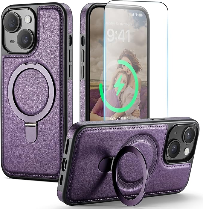 for iPhone 14 Case with Stand Compatible with Magsafe Slim PU Leather & Durable TPU Drop Proof Magnetic Kickstand Protective Phone Cover with Tempered Glass Screen Protector 6.1", Purple