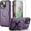 for iPhone 15 Plus Case with Stand, Compatible with MagSafe, Slim PU Leather & Durable TPU Protective Magnetic Kickstand Cover Drop-Proof with Tempered Glass Screen Protector 6.7", Purple