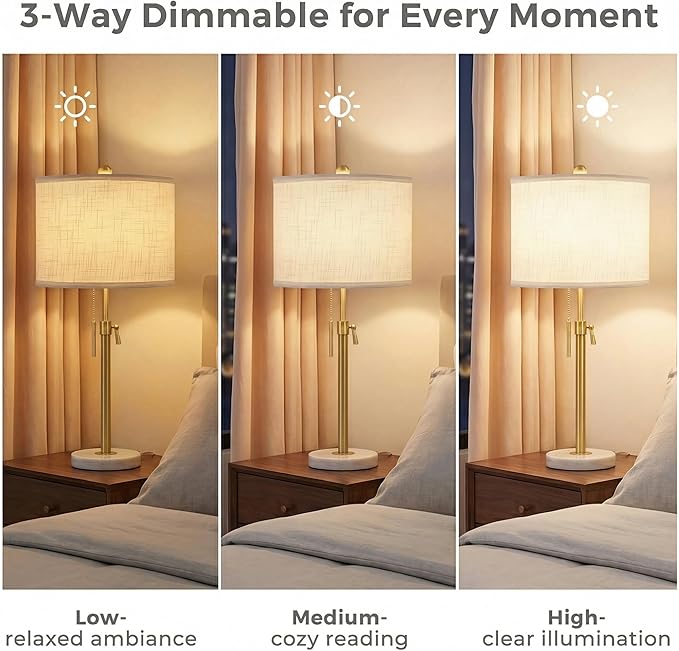 Qingmiao Gold Table Lamps Set of 2, 22" to 30" Adjustable Nightstand Lamps for Bedroom, Dimmable End Table Lamps for Living Room Console Entry Farmhouse Home Decor, New House Warming Gifts