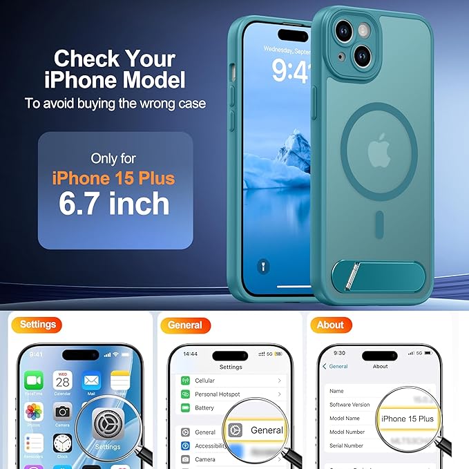 Magnetic Compatible with iPhone 15 Plus Case, [Built-in Kickstand][Full Camera Protection][Compatible with MagSafe][Anti-Fingerprint] Shockproof Phone Case for iPhone 15 Plus 6.7",L Blue
