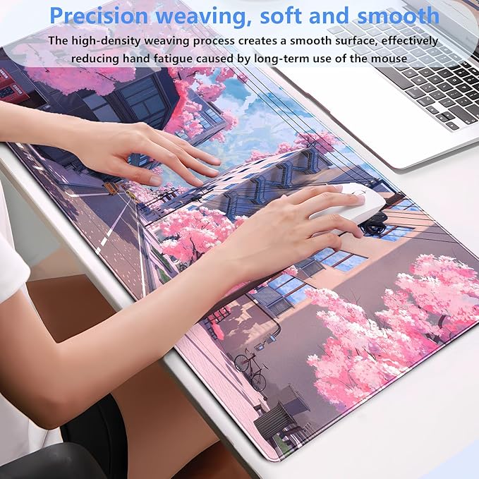 Japanese Cherry Blossom Mouse Pad, Pink Cute Desk Mat Extended XL Large Full Desk Gaming Mousepad 31.5''X15.7'' Computer Laptop Desk Pad Keyboard and Mouse Mat for Office Desktop Decoration