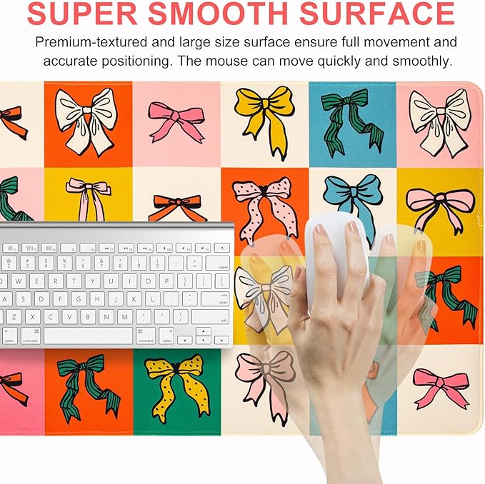 L-SPOUTTO Geometric Bow Desk Mat for Keyboard and Mouse,XXL Large Mouse Pad Non-Slip Keyboard Pad Waterproof Desktop Mat for Laptop Computer Work Game Home Office-Checkered Bow