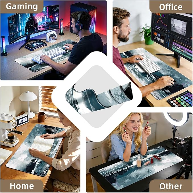 Galdas Gaming Mouse Pad XXL XL Large Long Extended Big Mousepad Non-Slip Rubber Keyboard Mouse Pad with Stitched Edges for Laptop Home Office (31.5x11.8x0.08 Inch) … (Ink Painting)