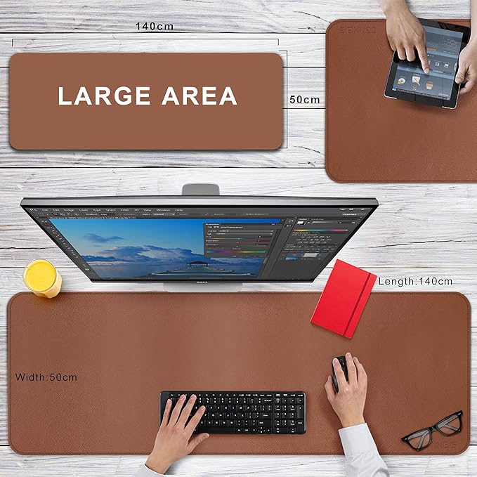 CENNBIE Leather Desk Mat,55" x 19.6" Extra Large Desk Pad Blotter Protector, Extended Non-Slip Mouse Pad, Waterproof PU Leather Desk Mat on top of desks Large for Office and Home (Brown)