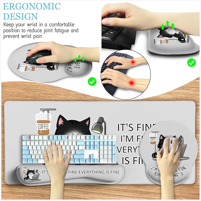 LIMKRIAN Cat Ergonomic Mouse Pad with Wrist Rest Desk Mat Sets Accessories, Cute Mouse Pads for Desk, Gaming Mouse Pad Wrist Support, Keyboard Mat Wrist Rest Cup Coaster Funny Office Desk Accessories