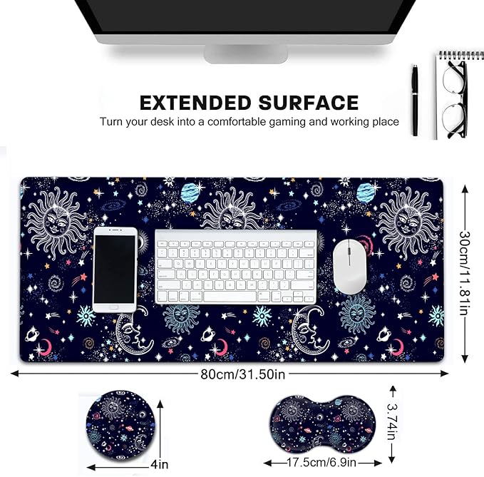 Large Gaming Mouse Pad, 31.5x11.8 in Extended Computer Mouse Mat with Non-Slip PU Base, Ergonomic Memory Foam Keyboard Wrist Rest for Working, Cute Anime Solar System Galaxy Black Office Desk Pad