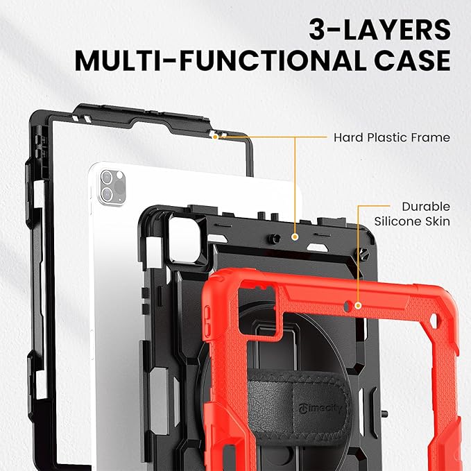 Timecity Protective Case for iPad Pro 12.9 inch 6th/ 5th/ 4th/ 3rd Generation, with Strong Protection, Screen Protector, Hand/Shoulder Strap, Rotating Stand, Pencil Holder - Red