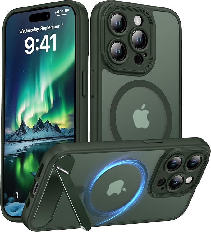 Magnetic Compatible with iPhone 15 Pro Case, [Built-in Kickstand][Full Camera Protection][Compatible with MagSafe][Anti-Fingerprint] Shockproof Phone Case for iPhone 15 Pro 6.1",Green