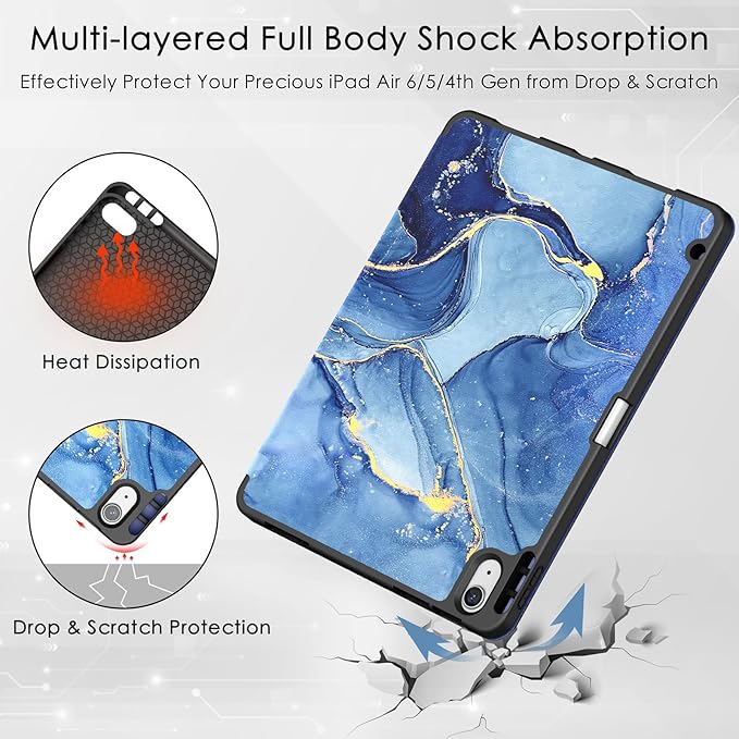 Soke Case for New iPad Air 11 Inch (M4/M3/M2, 2026-2024), iPad Air 5th/4th Generation 10.9 Inch (2020-2022) with Pencil Holder, Soft TPU Back Cover & Auto Sleep/Wake, Ocean Marble