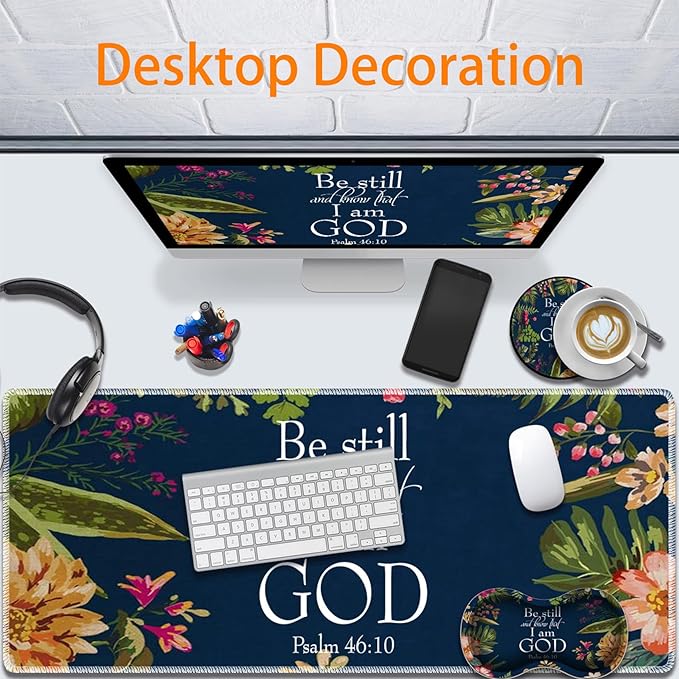 Durable Desk Mat + Wrist Rest Pad + Coasters Set, Large Gaming Office Mouse Pad 31.5 "x 11.8", Extended Non-Slip Rubber Keyboard Pad, Laptop & Home, Christian Psalm 46-10