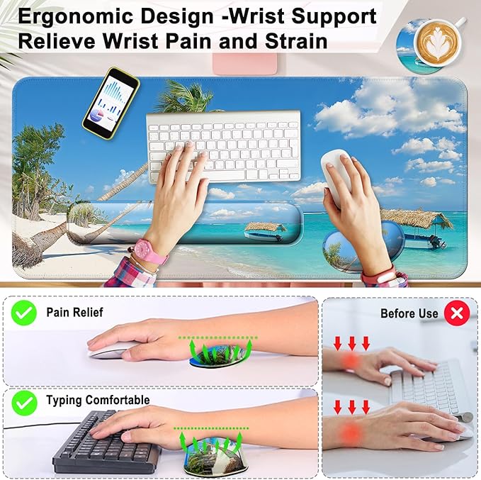 Keyboard Wrist Rest + Mouse Pad with Wrist Support + Desk Mat + Coaster 4 in 1 Set, XXL Large Gaming Mousepad Cute Ergonomic Mouse Pads for Desk Computer Laptop Office Decor-Blue Sea