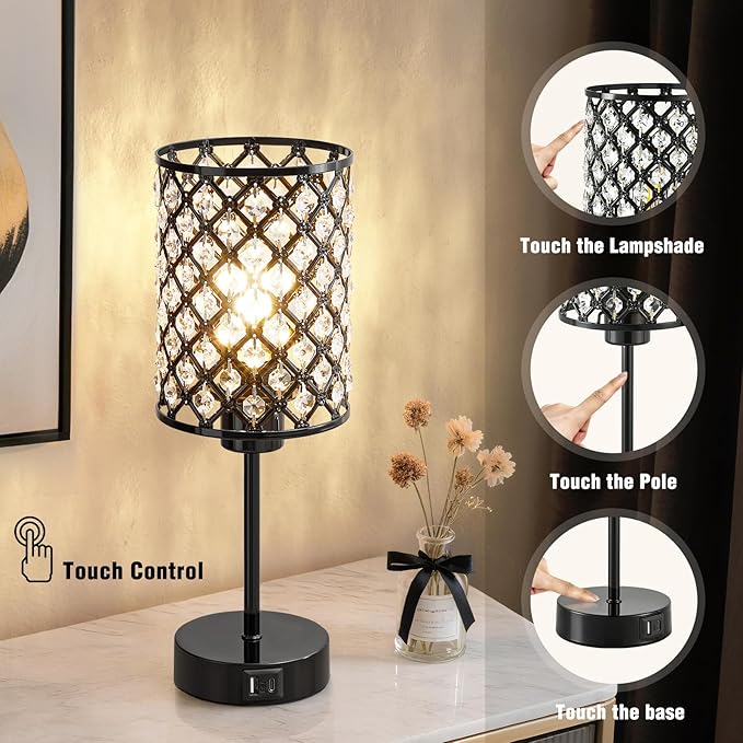 GyroVu Touch Control Table Lamp, Black Crystal Table Lamps Set of 2 with 2 USB Charging Ports, Dimmable Bedside Nightstand Lamps for Living Room, Bedroom, Guest Room, Bulbs Included