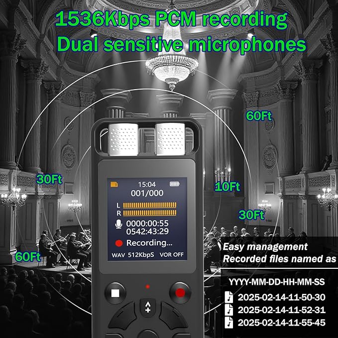 64GB Digital Voice Activated Recorder for Lectures&Meetings,Phone Connected via OTG,4640 Hours Audio Recorder with Tripod Stand,Recording Device with Playback,MP3 Player,Password,Variable Speed