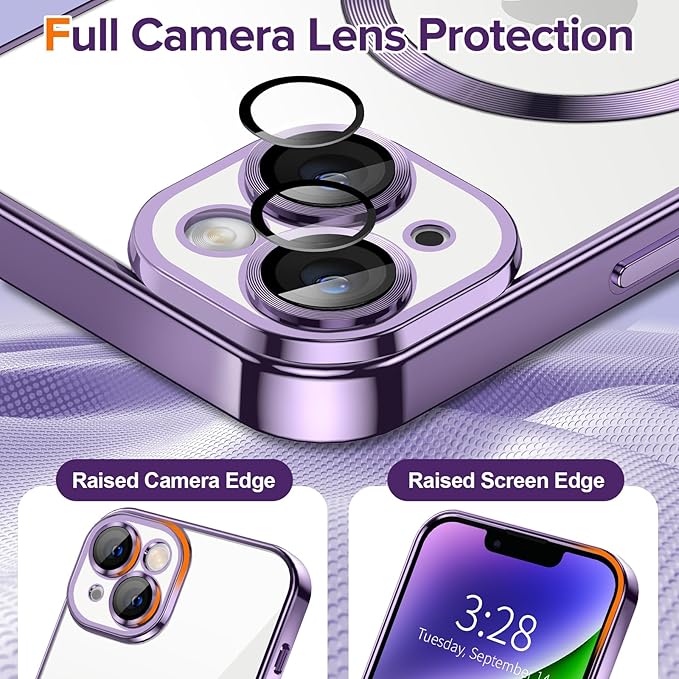 Hython Magnetic Clear for iPhone 14 Case with Camera Lens Protector [Compatible with MagSafe] Luxury Plating Edge Slim Soft TPU Cover Protective Phone Case for iPhone 14 6.1", Deep Purple