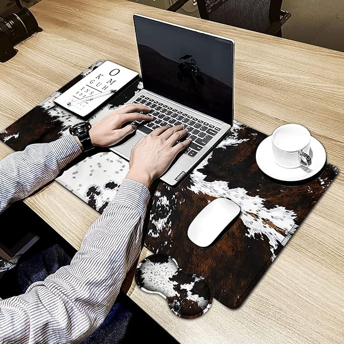 Large Gaming Mouse Pad, 31.5x11.8 in Extended Computer Mouse Mat with Non-Slip PU Base, Ergonomic Memory Foam Keyboard Wrist Rest, for Work & Gaming, Black and White Cow Fur Office Desk Pad