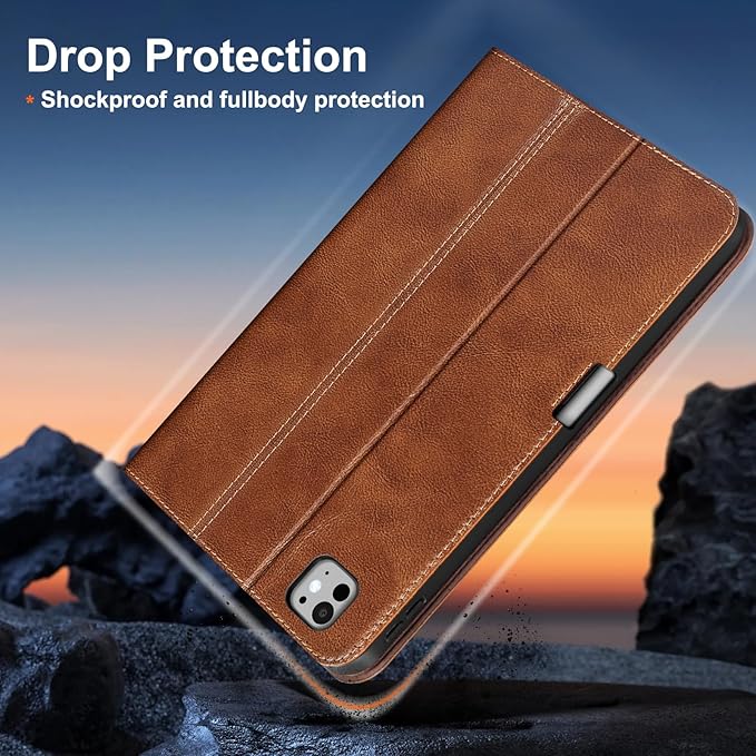 Gexmil Genuine Leather Case for iPad Pro 13 Inch (M5/M4) 2025/2024 with Pencil Holder,Protective Shockproof Smart Leather Folio Cover Adjustable Stand Auto Sleep/Wake,Vegetable Tanned Brown
