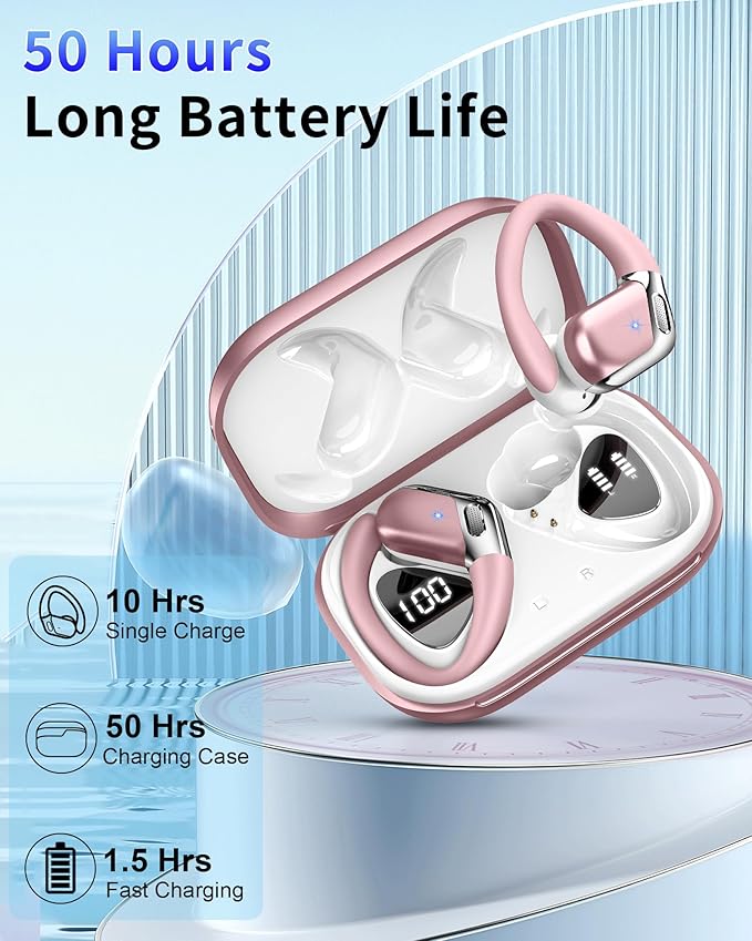 Wireless Earbud, Bluetooth 5.4 Headphones IP7 Waterproof for Sport, 50H Running Wireless Earphones with ENC Noise Cancelling Mic, Deep Bass Over Ear bud with Earhooks for Android, iOS, Workout, Gym