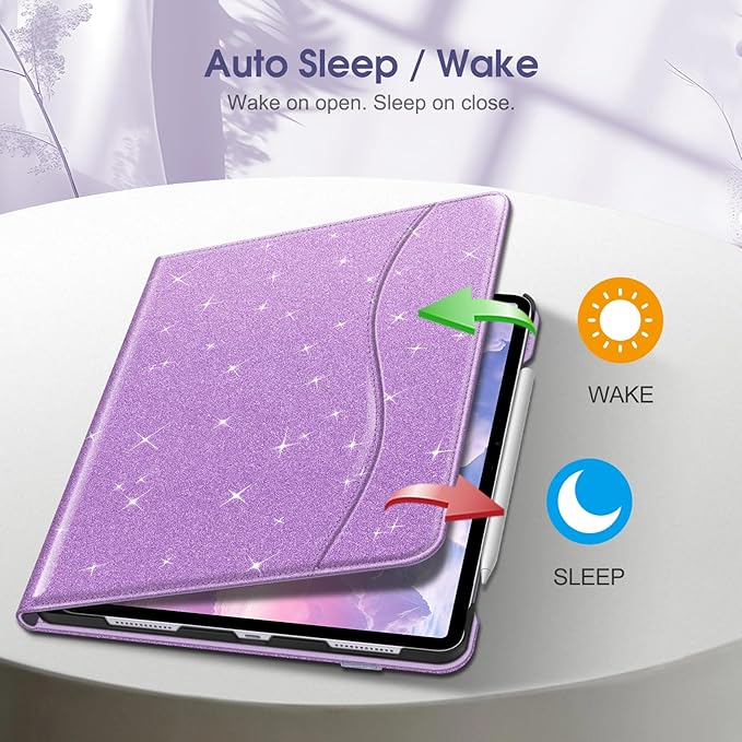 Fintie Folio Case for iPad Air 13-inch M4/M3/M2 (2026/2025/2024), Multi-Angle Viewing Protective Stand Cover with Pencil Holder & Pocket, Auto Sleep/Wake, Glittering Purple