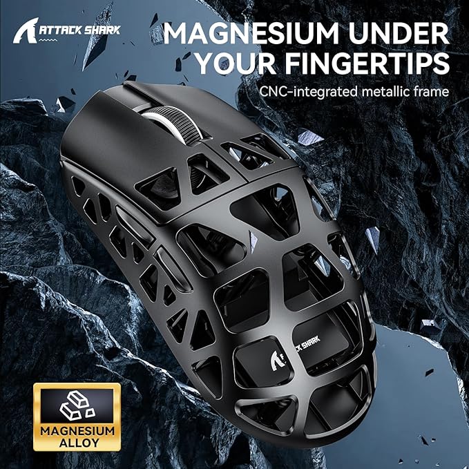 FELICON x Attack Shark R3 Magnesium Alloy Wireless Gaming Mouse, 46g Ultra-Lightweight Skeletal Shell, PAW3395 26K DPI, 8K Polling, Tri-Mode 2.4G/BT/Wired, for PC Mac Laptop - Gray & Griptape