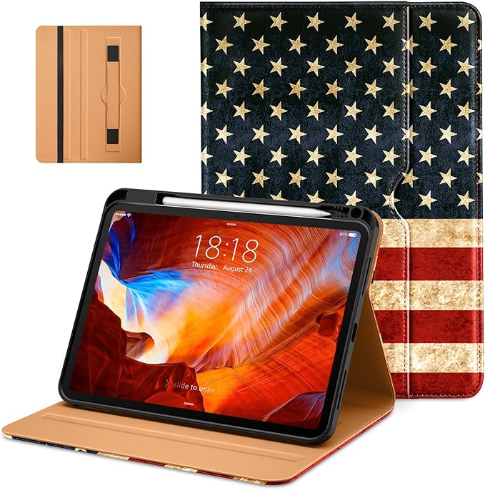 DTTO for iPad Pro 11 inch Case (M5/M4) 2025/2024, Premium Leather Business Folio Stand Cover with Pencil Holder - Auto Wake/Sleep and Multiple Viewing Angles, US Flag