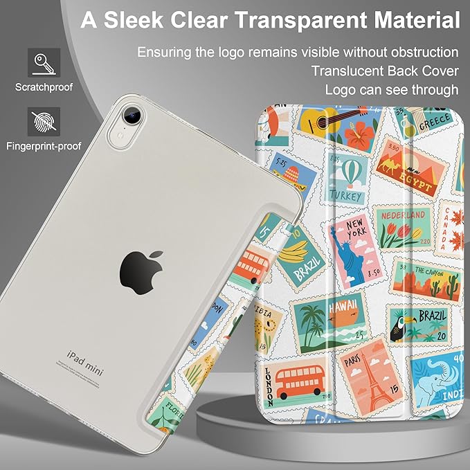 DONGKE for iPad mini 7 (A17 Pro) 2024 & iPad mini 6 2021 8.3 Inch, Slim Foldable Stand Hard PC Translucent Back Shell Smart Cover for iPad mini 7th/6th Generation [Auto Wake/Sleep] - Post Stamps