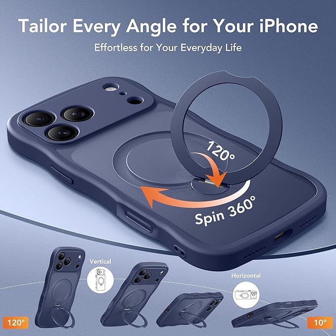 GolbinBox for iPhone 17 Pro Case for Women,[Compatible with Magsafe][360° Spin Magnetic Stand][Cute Wave Edge][Military-Grade Protection] Translucent Matte Phone Case for iPhone 17 Pro, Deep Blue