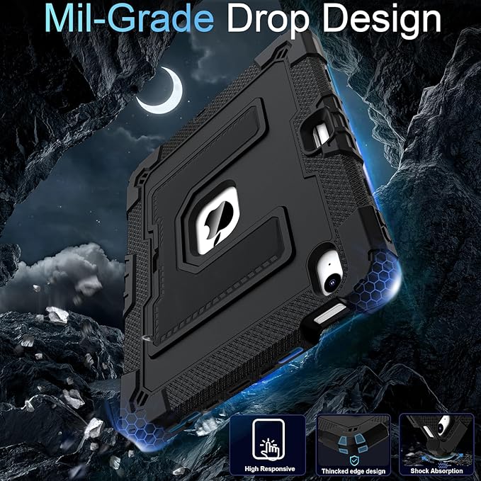for iPad Air 11 Inch M4/M3 (2026/2025) / M2 (2024) iPad Air 5th (2022) / 4th Generation (2020) 10.9 Inch,Military Grade Shockproof iPad Case Air 11 Inch with Pencil Holder, Black