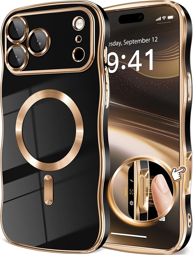 GVIEWIN for iPhone 17 Pro Case Compatible with MagSafe, Upgraded [Full Camera Protection][Cute Wave Frame][Military Grade Protection] Electroplated Hard Phone Cover for Women Girl, Black