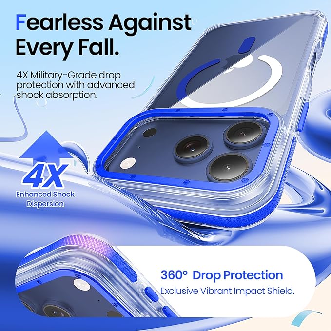 Strong Magnetic for iPhone 17 Pro case with camera lens protector [10Ft Military-Grade Protection] Compatible with fit MagSafe Shockproof Slim Thin Cover case for iPhone 17 Pro 6.3 inch, Clear Blue